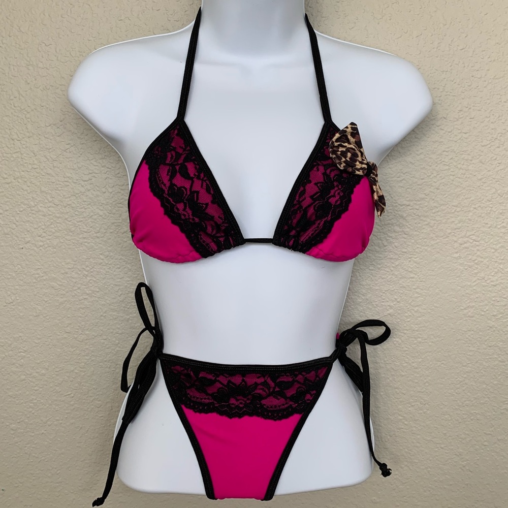 Hot pink with black lace bikini